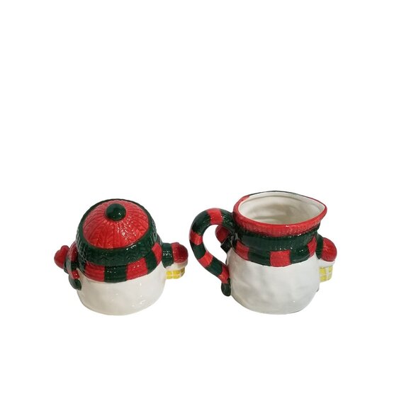 Ceramic Snowman Sugar and Creamer Set Red White Green Hand painted NIB - Picture 5 of 10